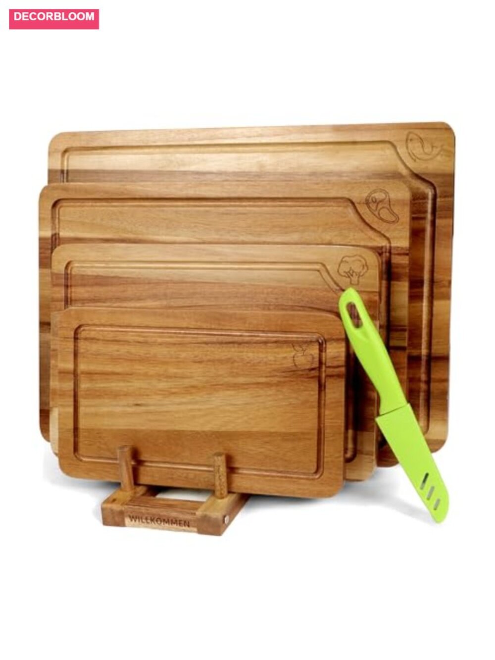 Acacia Wood 4-Piece Cutting Board Set w/ Juice Groove & Food Icons